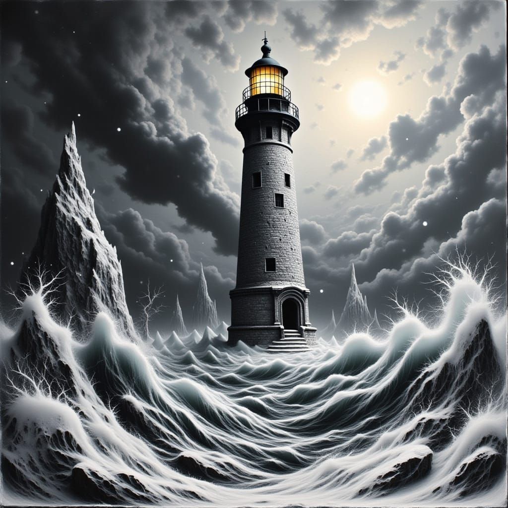 Lighthouse in Winter Storm, Charcoal Art Style