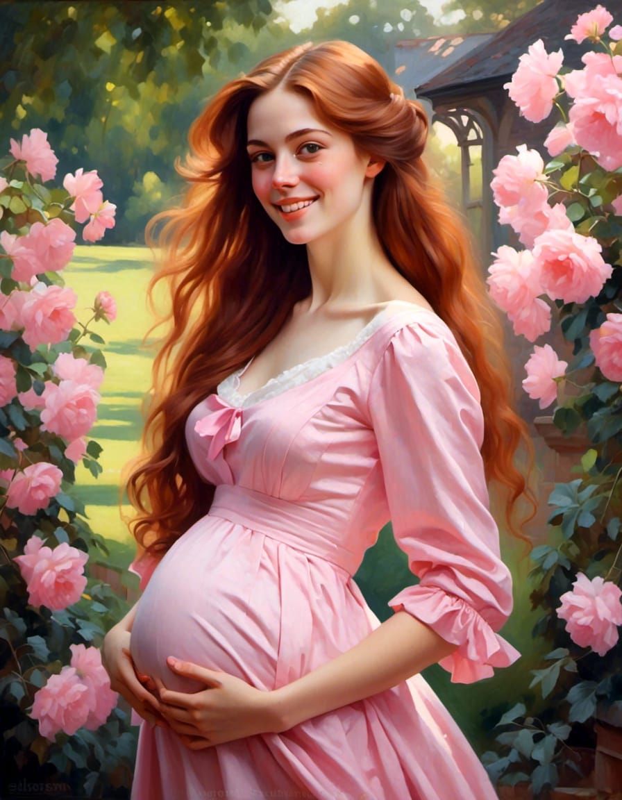Joyful Pregnant Victorian Woman in Garden Portrait