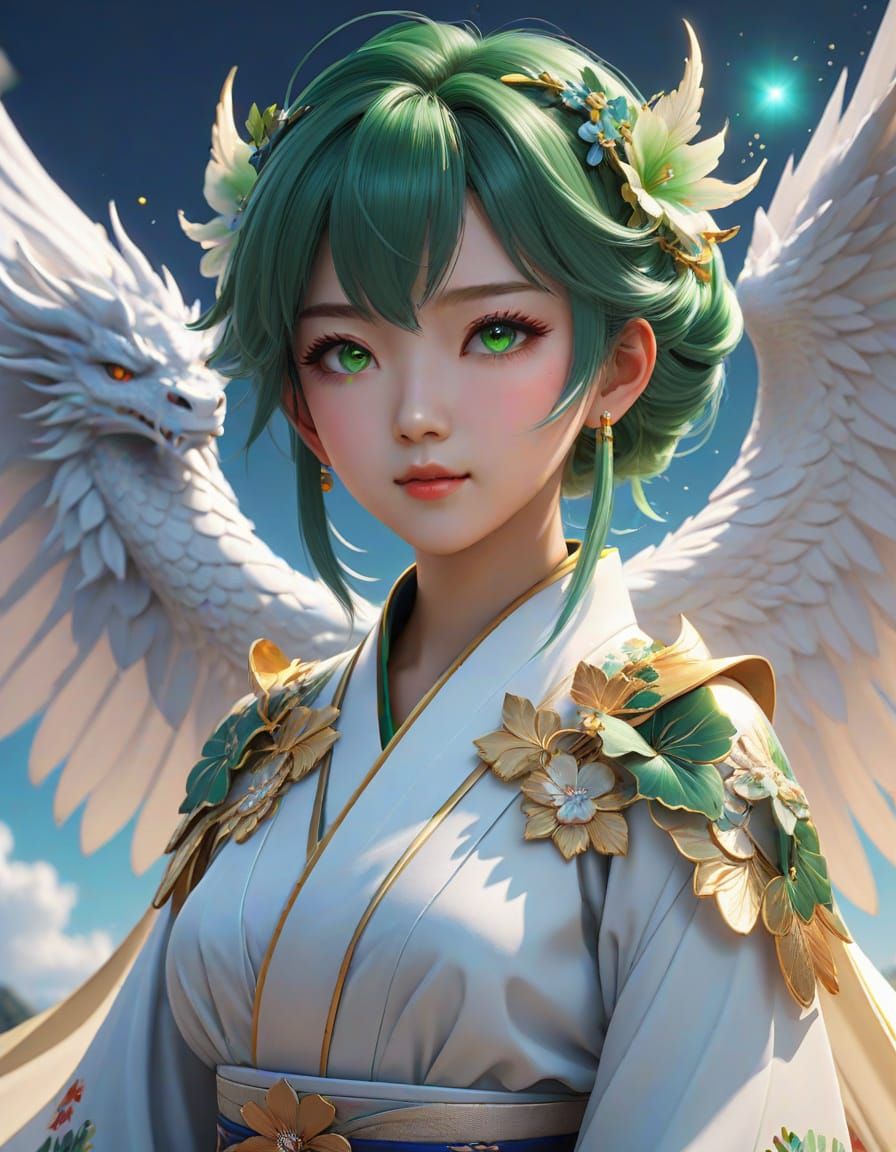 Anime Portrait of Woman with Seafoam Green Hair