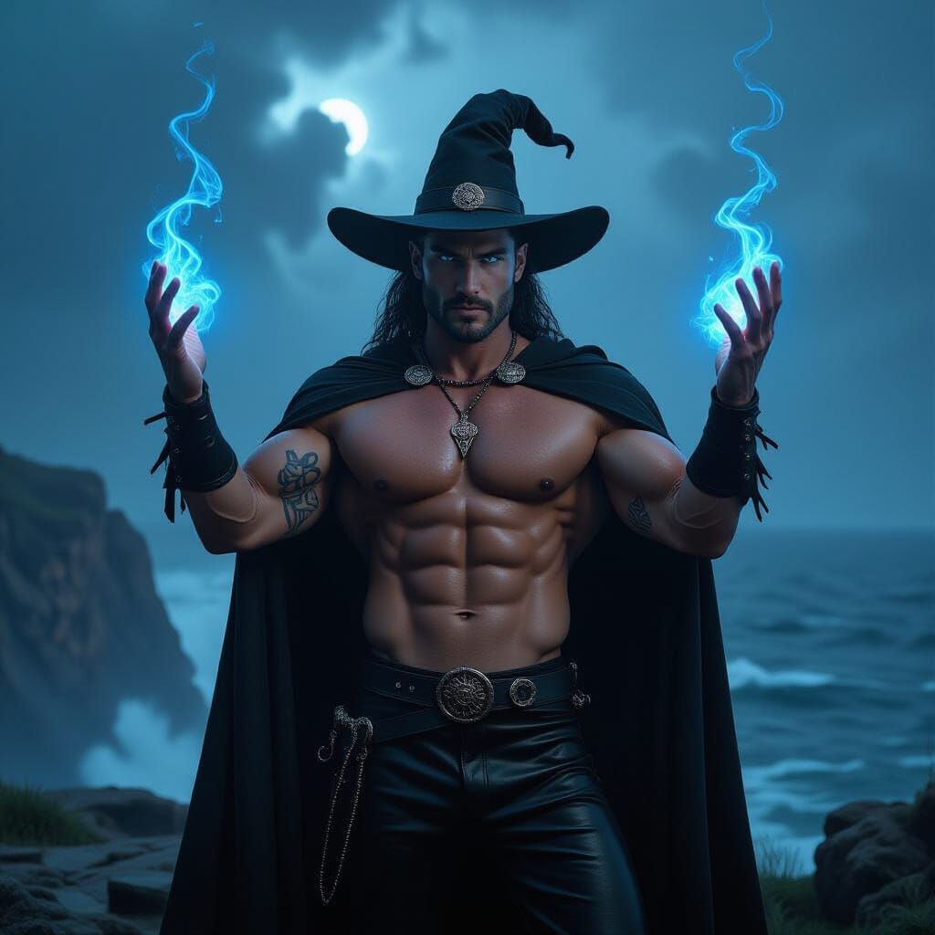 Muscular Male Witch on Windswept Cliff Overlooking Stormy Se...
