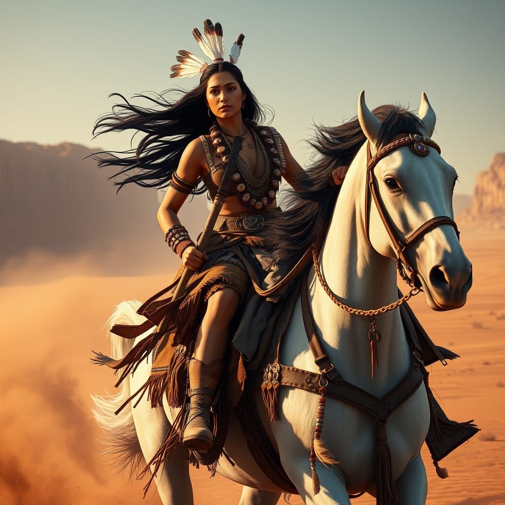 Fierce Indigenous Warrior Woman Rides Free in Desert Landsca...