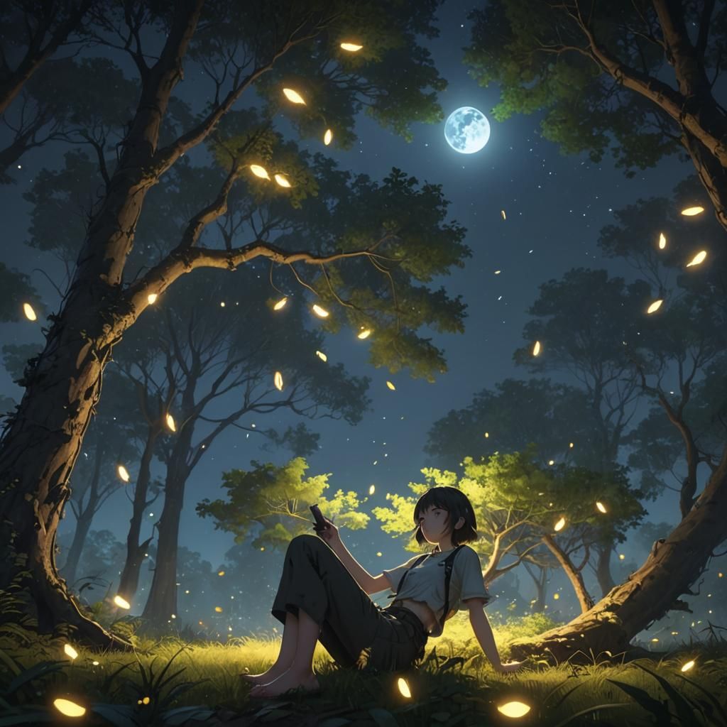 Moonlit Forest Scene in Anime Style