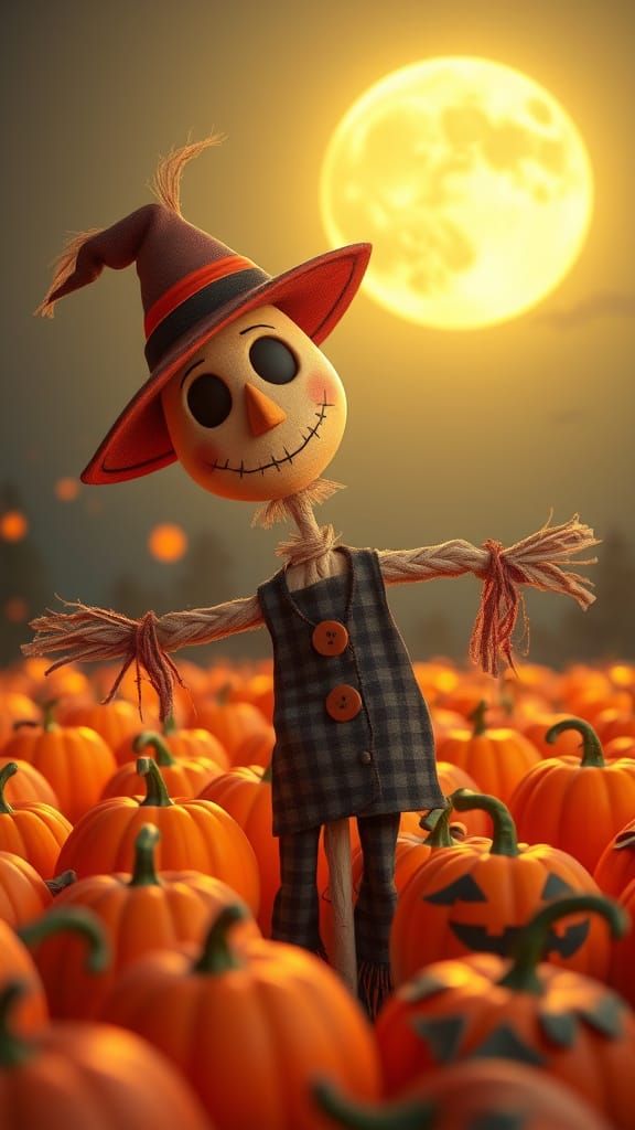 Cute Scarecrow Among Glowing Pumpkins Under Full Moon