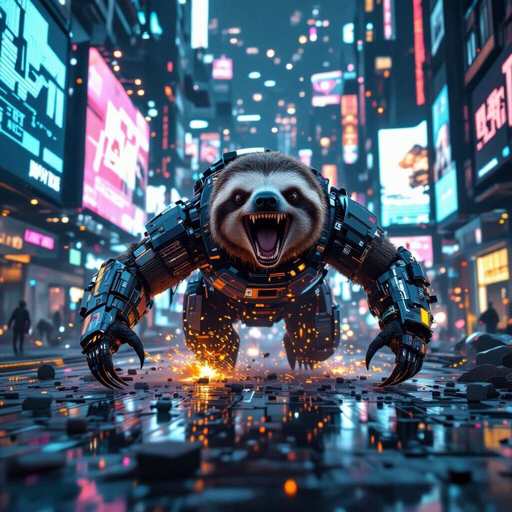 Enraged Cybernetic Sloth Rampages Through Futuristic City