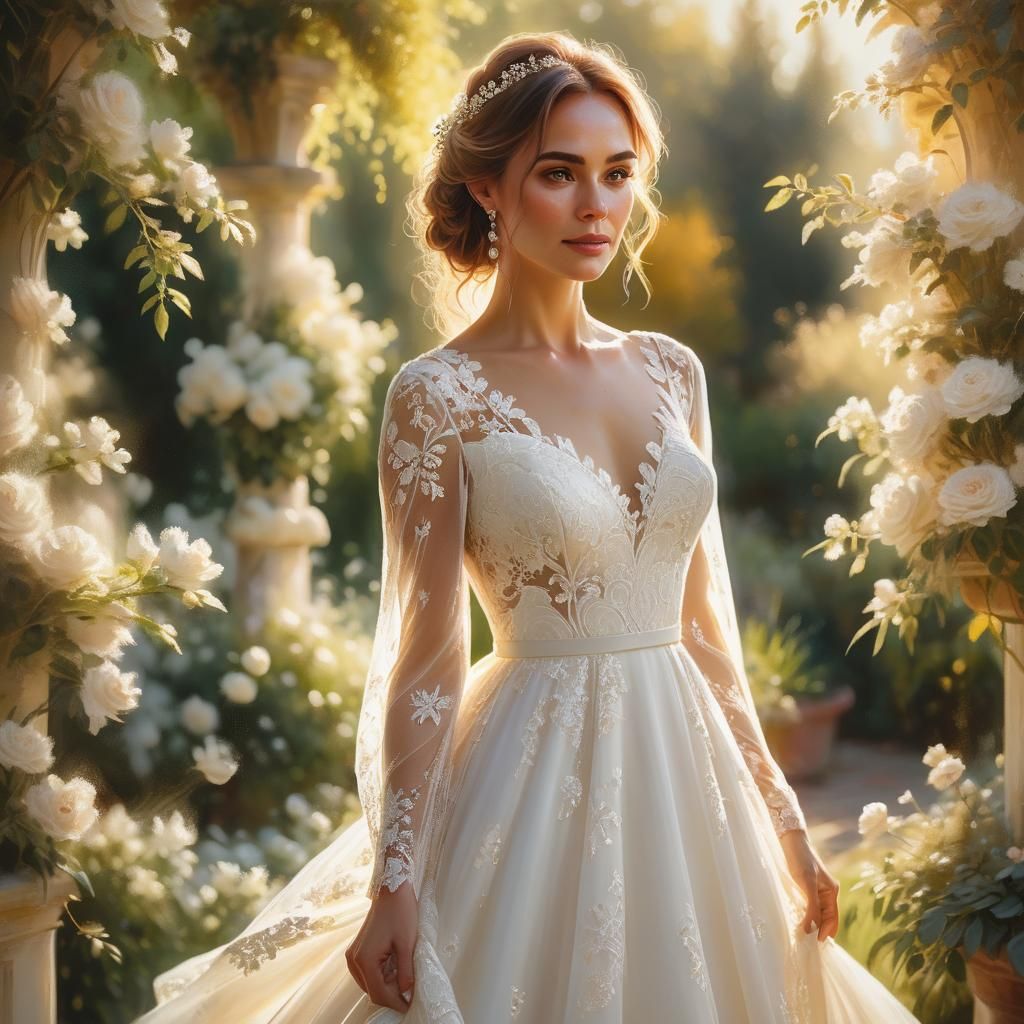 Woman in Wedding Dress: Impressionist Garden Portrait