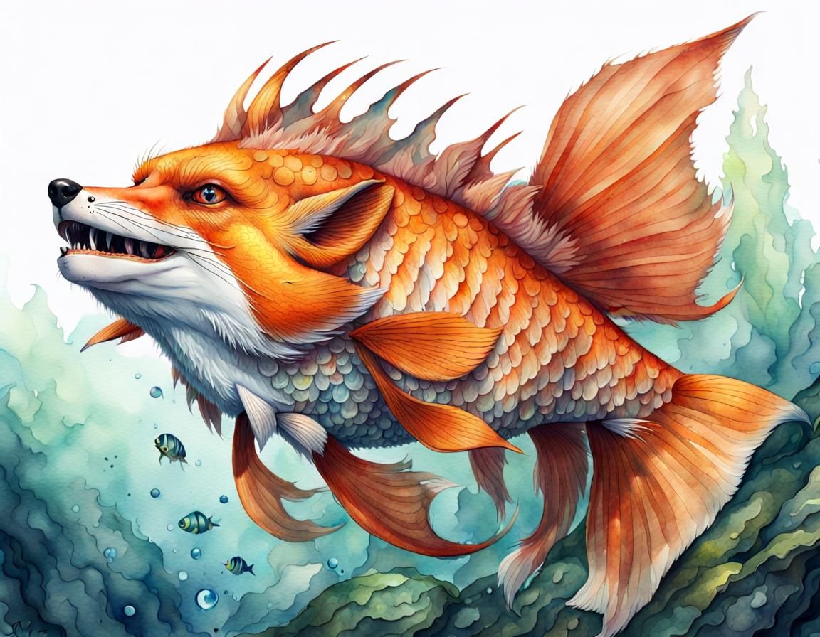 Hyperdetailed Fox Fish Watercolor Fantasy Concept