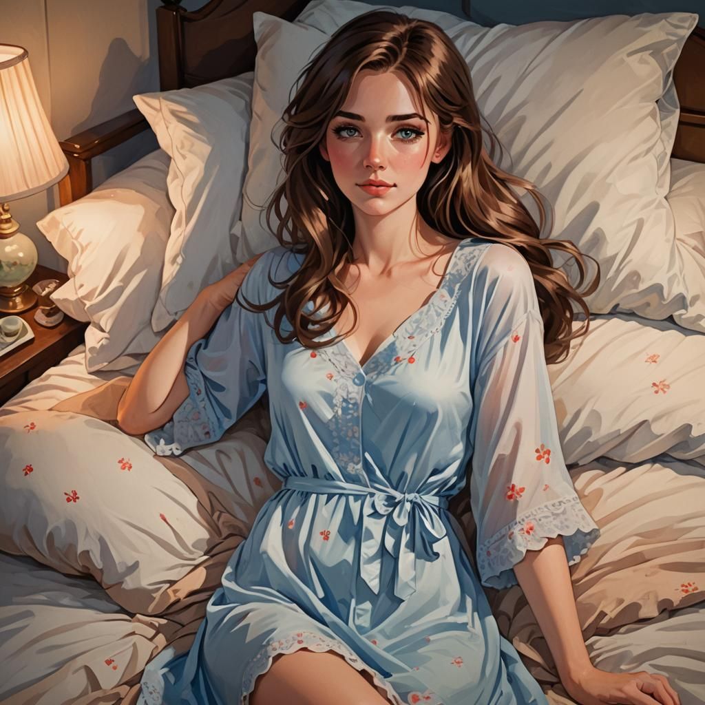 Comic Style Painting of a Pretty Girl at Slumber Party