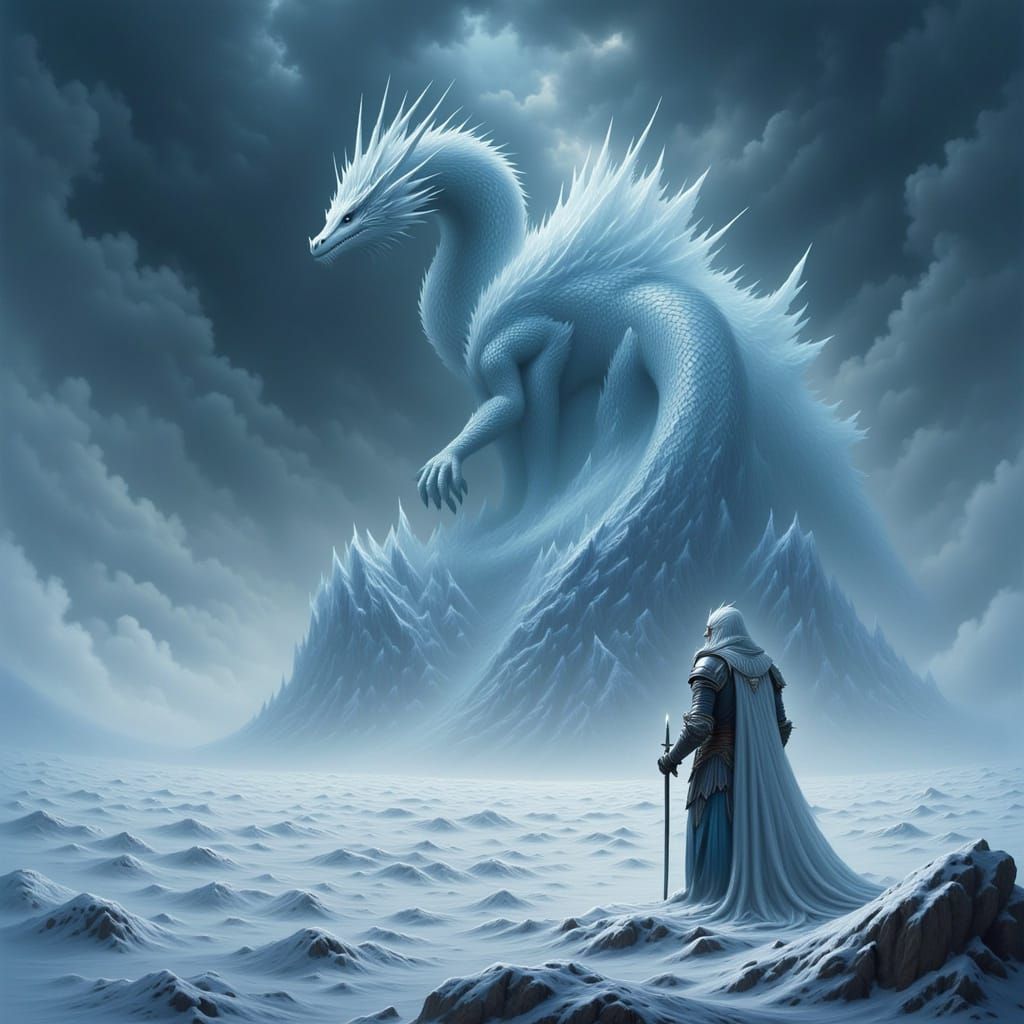Knight Faces Colossal Ice Dragon in Dark Fairytale Art