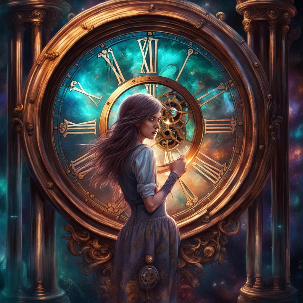 Steampunk Clock Imprisons Girl: Holographic Illustration