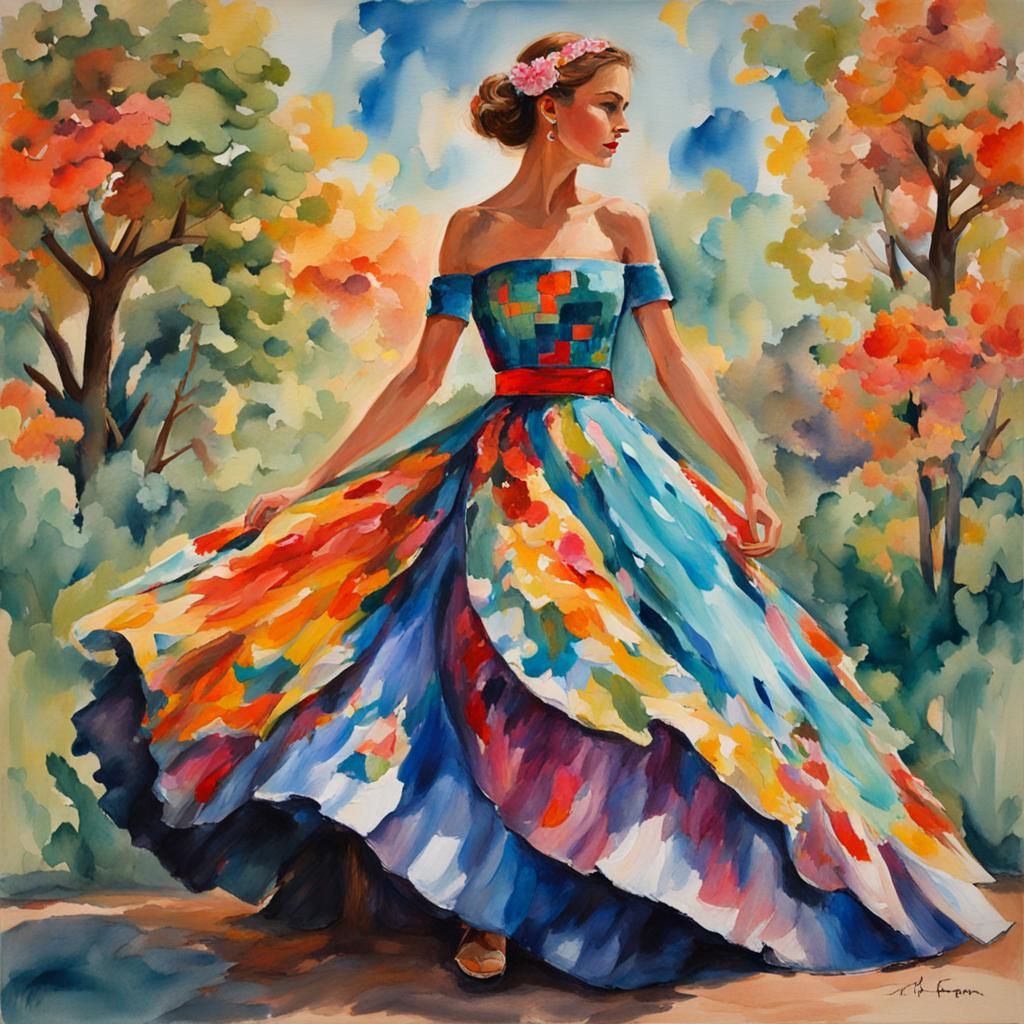 Vibrant Dress in Gouache and Watercolor Style