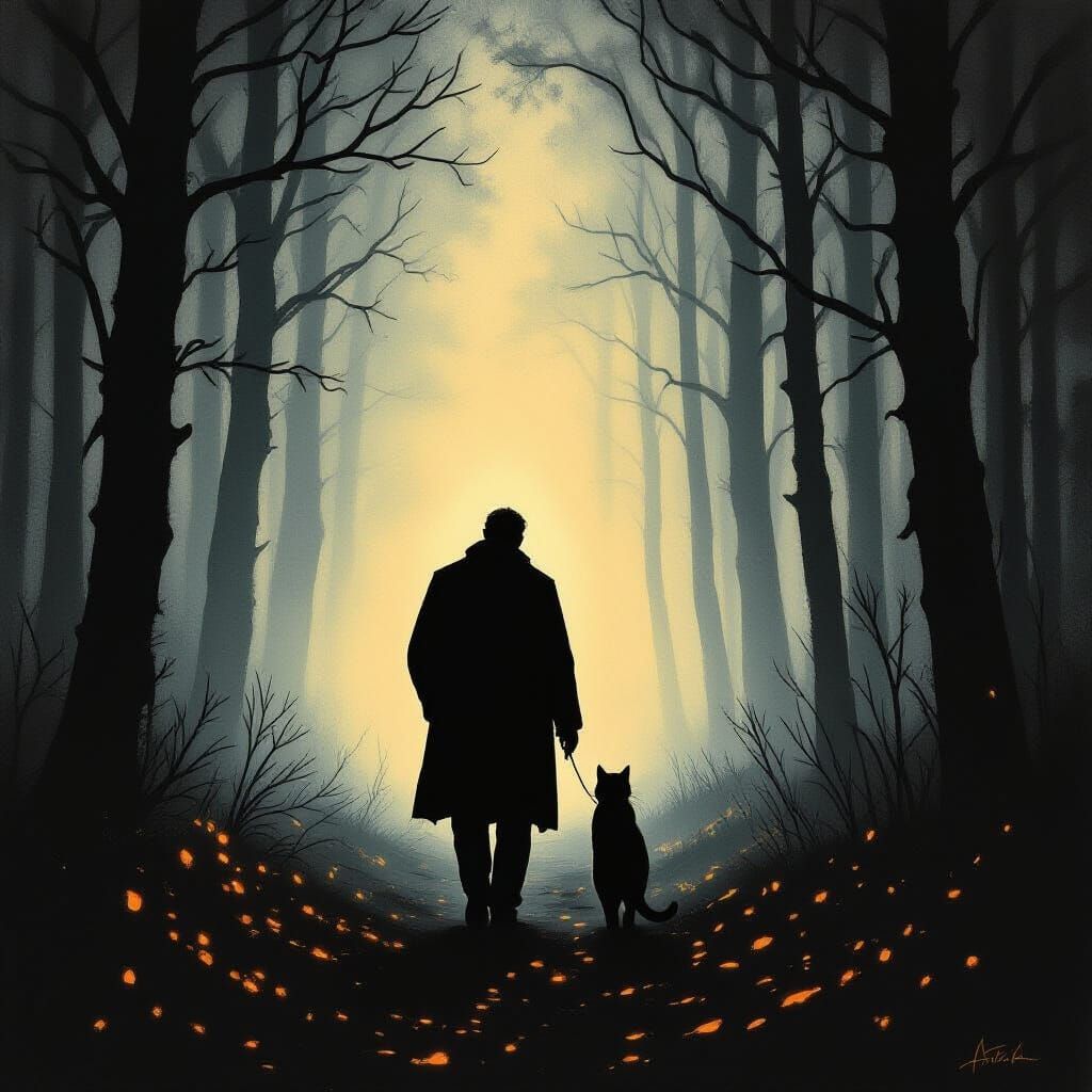 Man and Cat in Dark Forest with Guiding Light