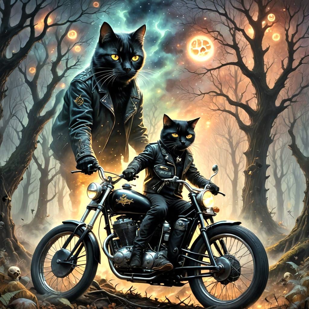 Black Rider Cat in Scenic Dreamscape