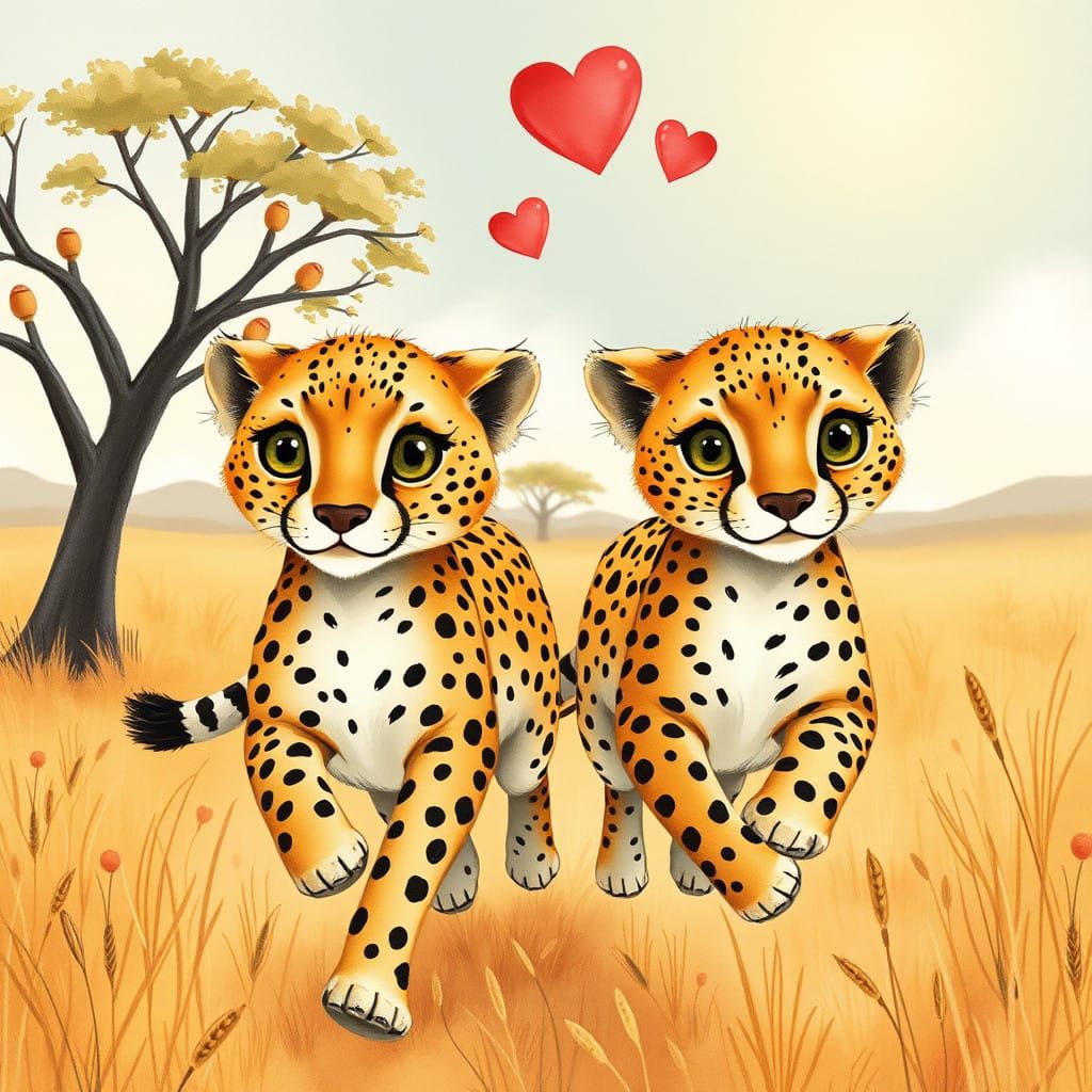 Whimsical Cheetahs Run Together in Sunlit Savanna