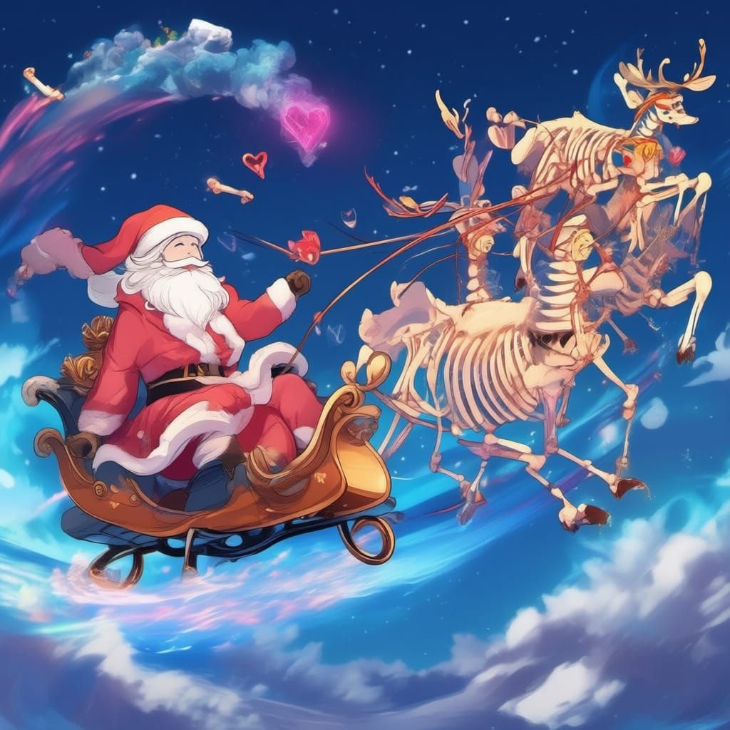 Santa Claus Rides Skeleton Deer on Black Sled, Launching Bon...