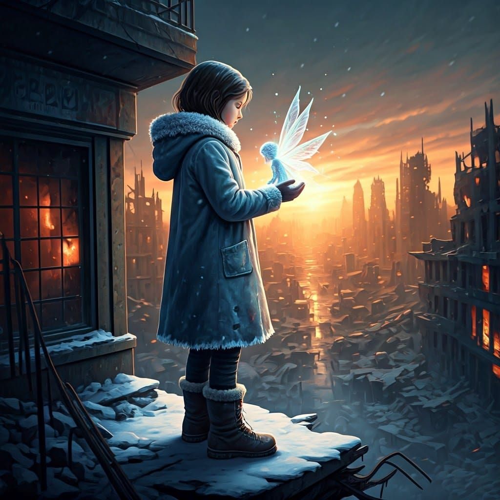 Hopeful Girl with Fairy in Post-Apocalyptic Sunrise