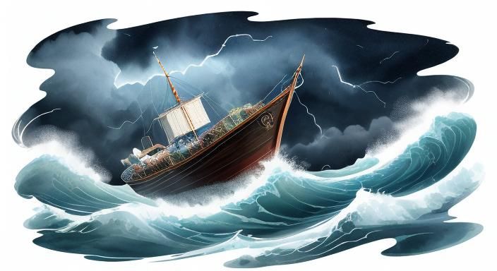 womans face in the clouds in the sky creating a lightning storm above a little boat in the sea in a dark stormy night, ...