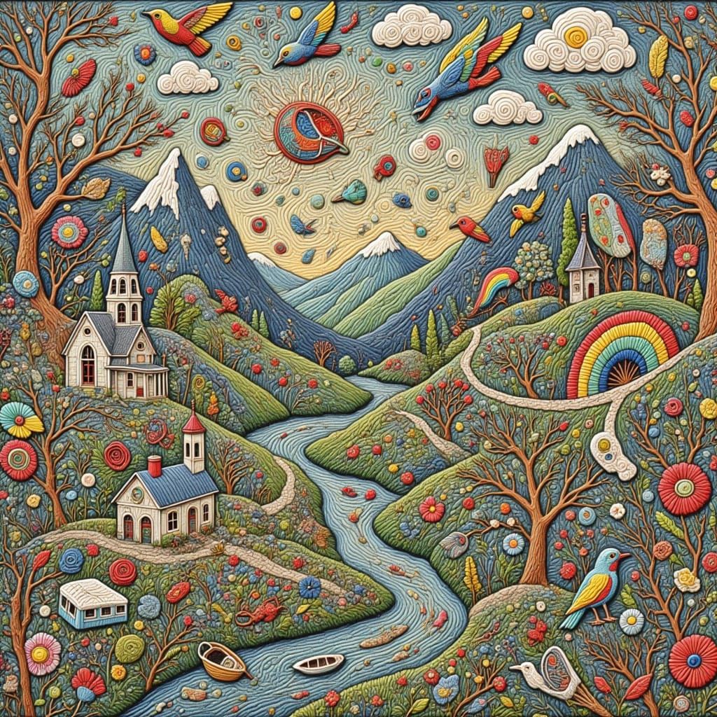 Pastel Hellhound in Embroidered Fantasy Scene