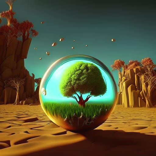 Dying Tree in Crystal Ball: Hyperrealistic 3D Render