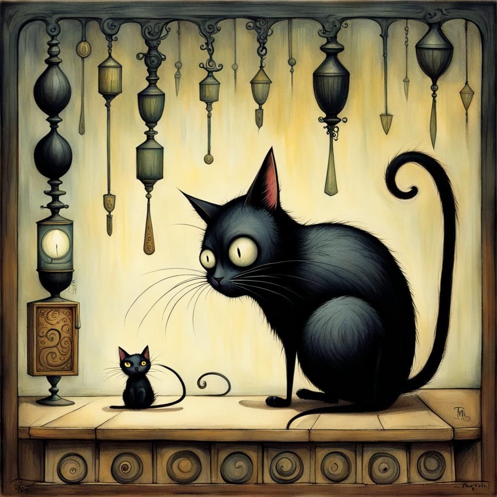 Black Cat Watching Mouse in Burton-esque Style