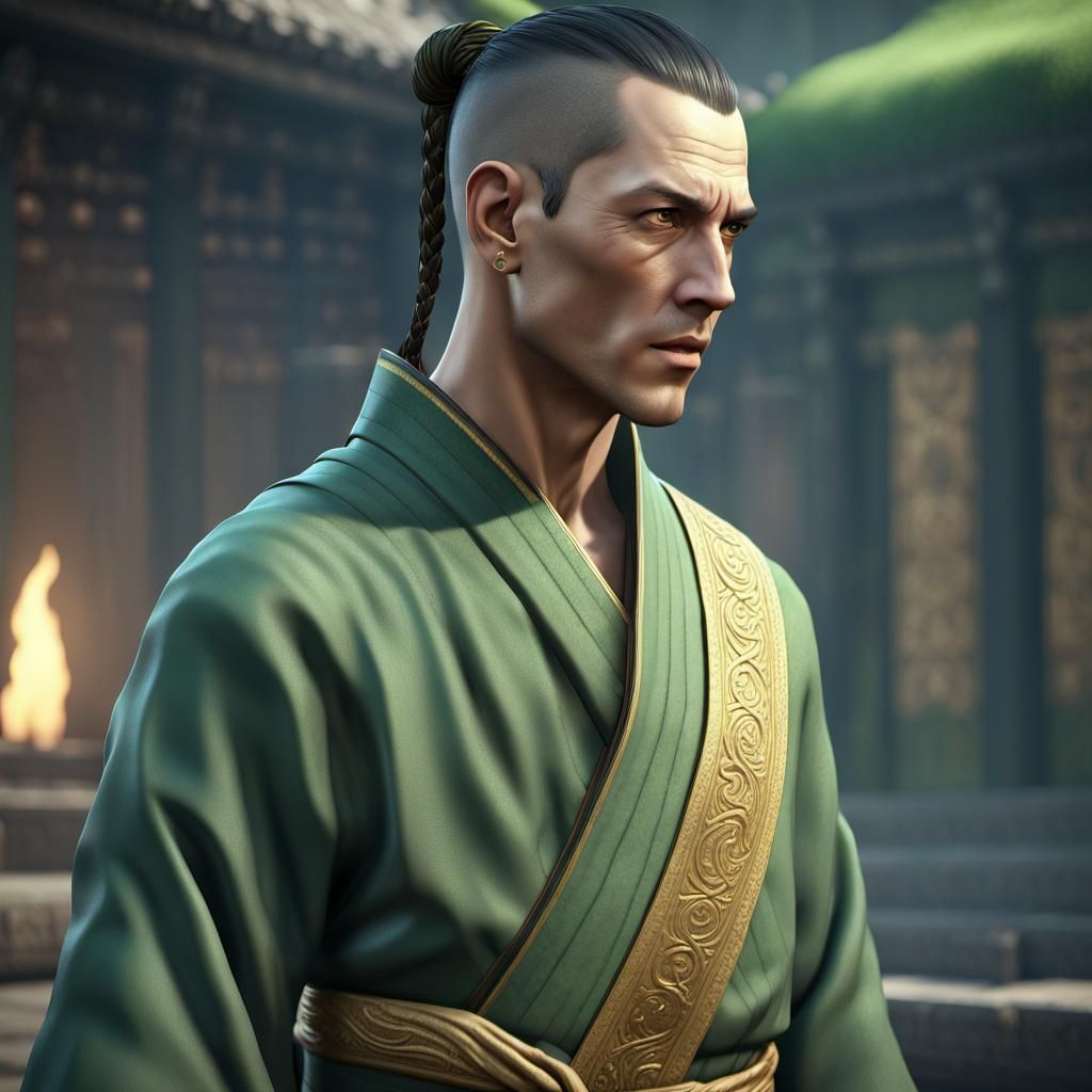 Monk in Green and Gold: 3D Game Cinematic Render