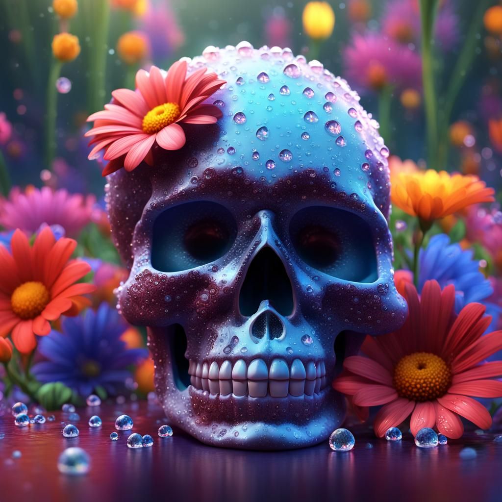 Crystal Skull with Dew Drops and Flowers: 3D Digital Art