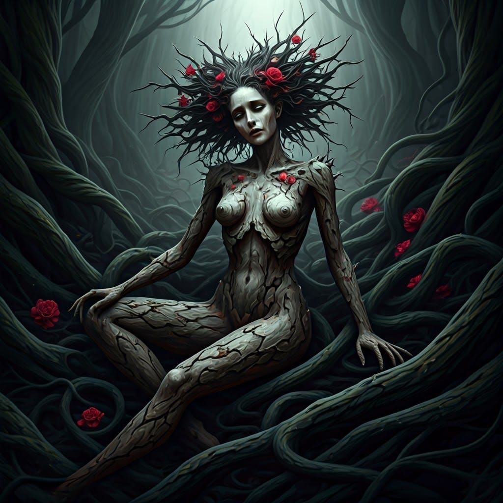 Wilted Dryad in Haunted Forest: Fey Horror Aesthetic