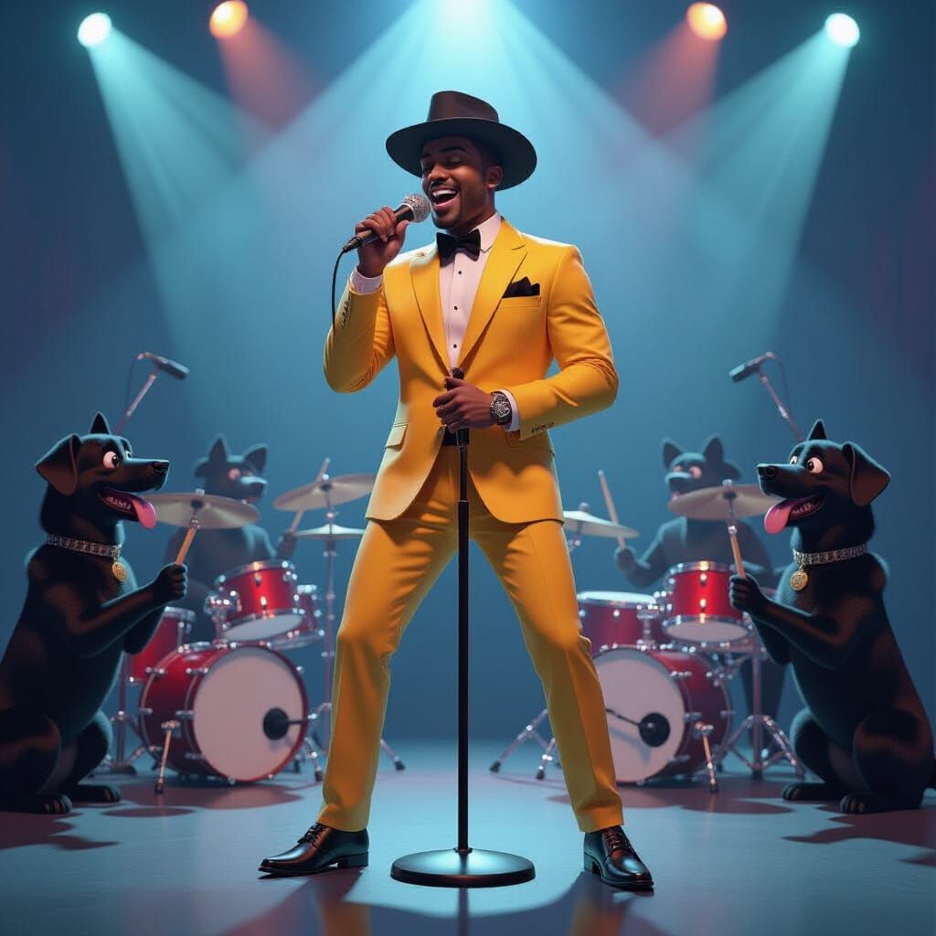 Man in Yellow Suit Sings with Dog Drummers on Stage