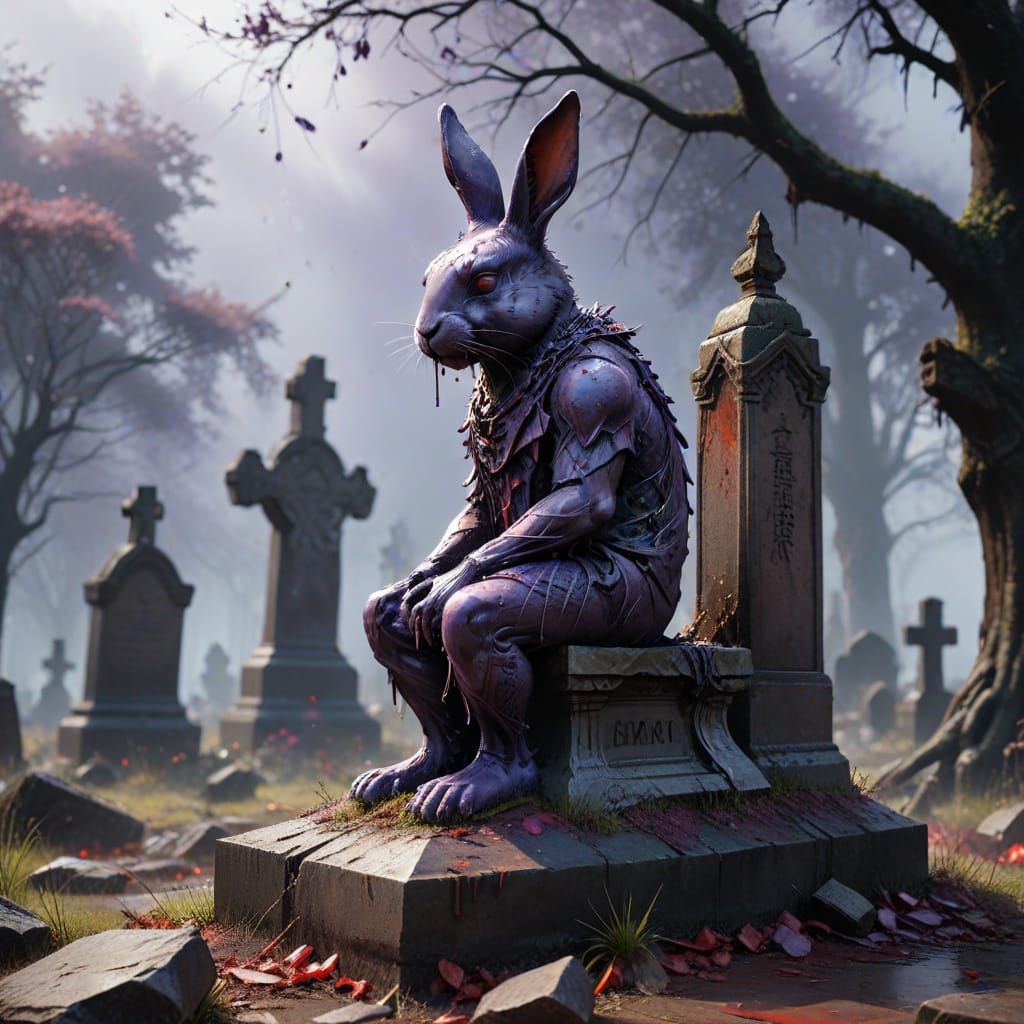 Ethereal Easter Bunny in Victorian Cemetery, Ink Painting St...