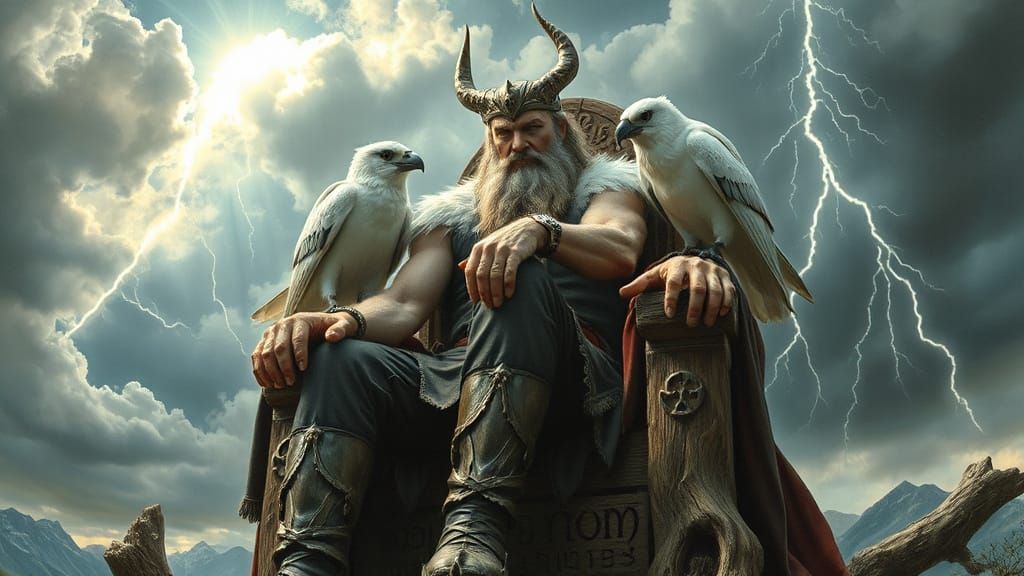 Norse God Odin Surrounded by Majestic White Ravens in a Whim...