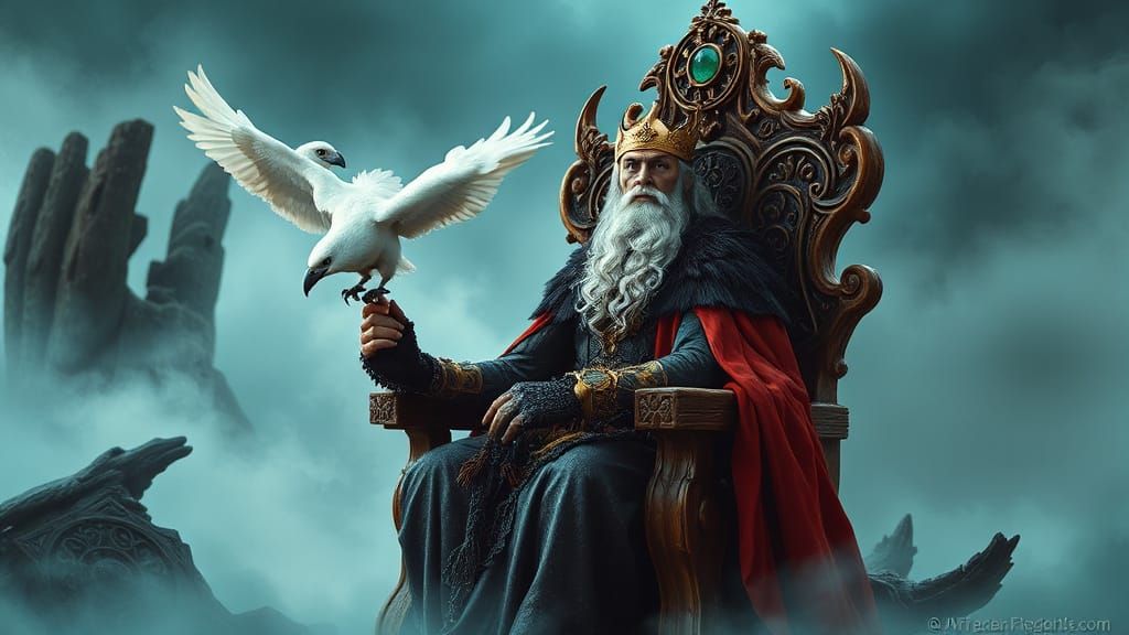 Odin, Seated on Throne of Ancient Wood, with Ravens Huginn a...