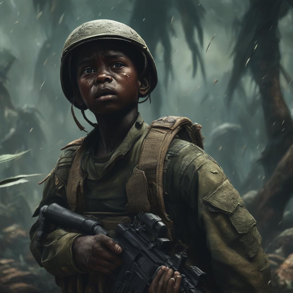 Emotional Portrait of Child Soldier in Jungle
