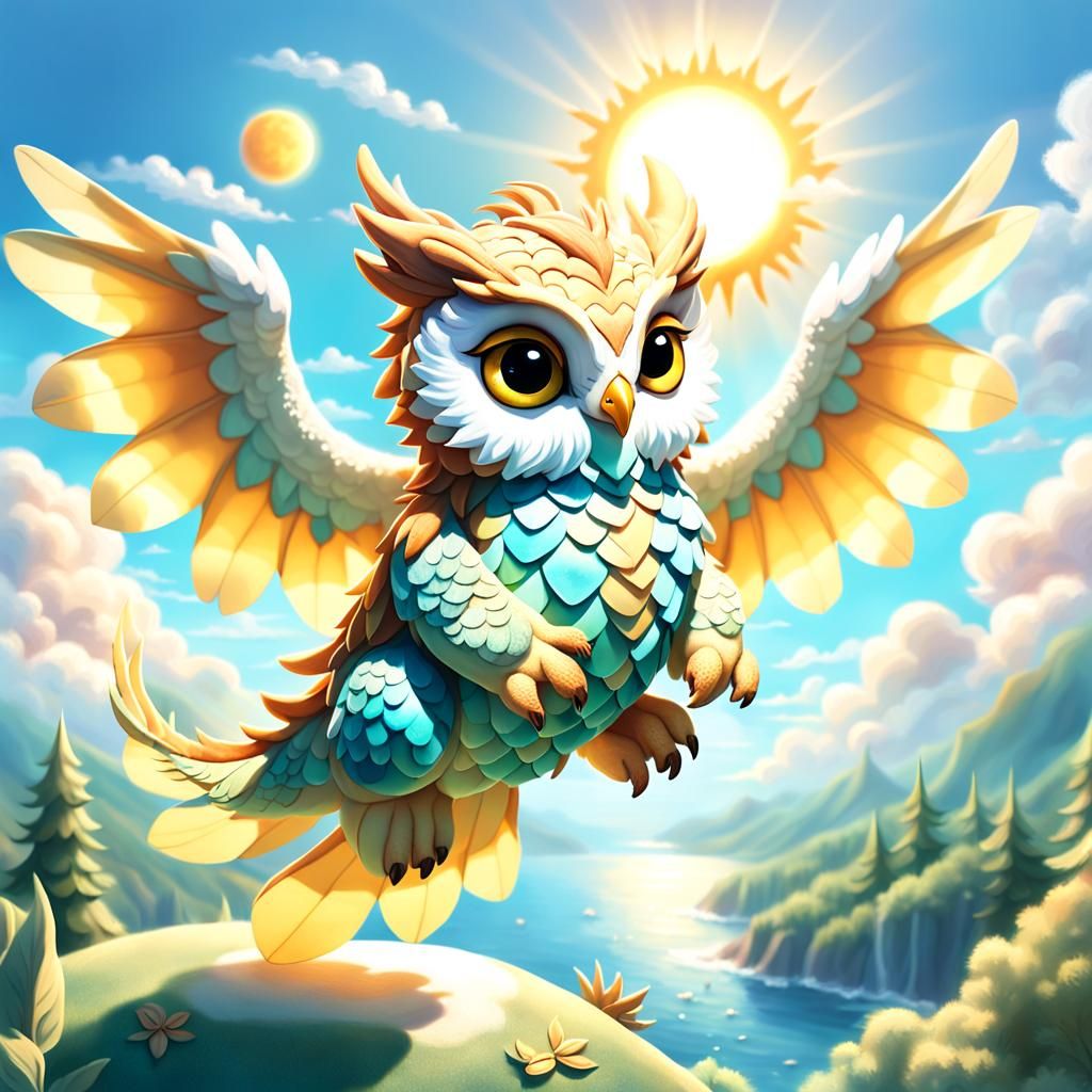 Adorable Dragon-Owl Hybrid in Whimsical Sky Illustration