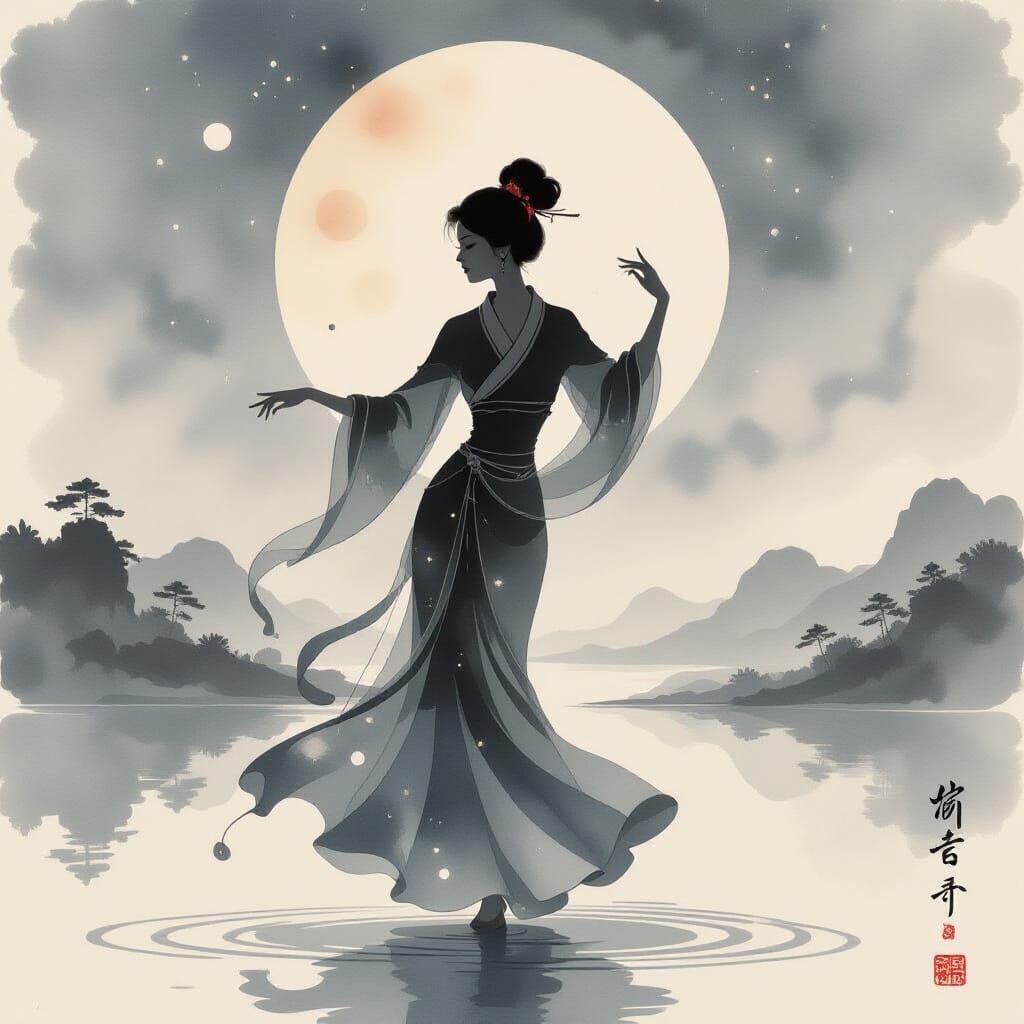 Dancing Silhouette in Chinese Watercolor Style