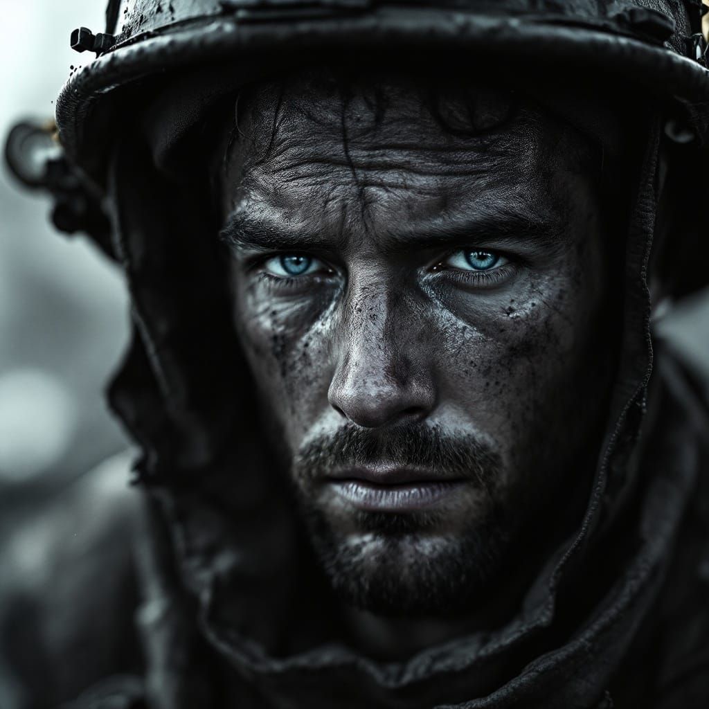 Exhausted Firefighter in Dramatic Black-and-White Portrait