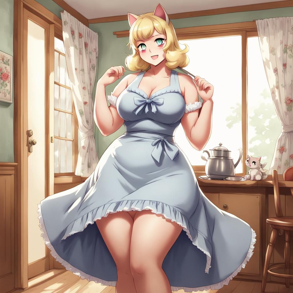 Anime Cat-Girl Housewife in 1950s Dress