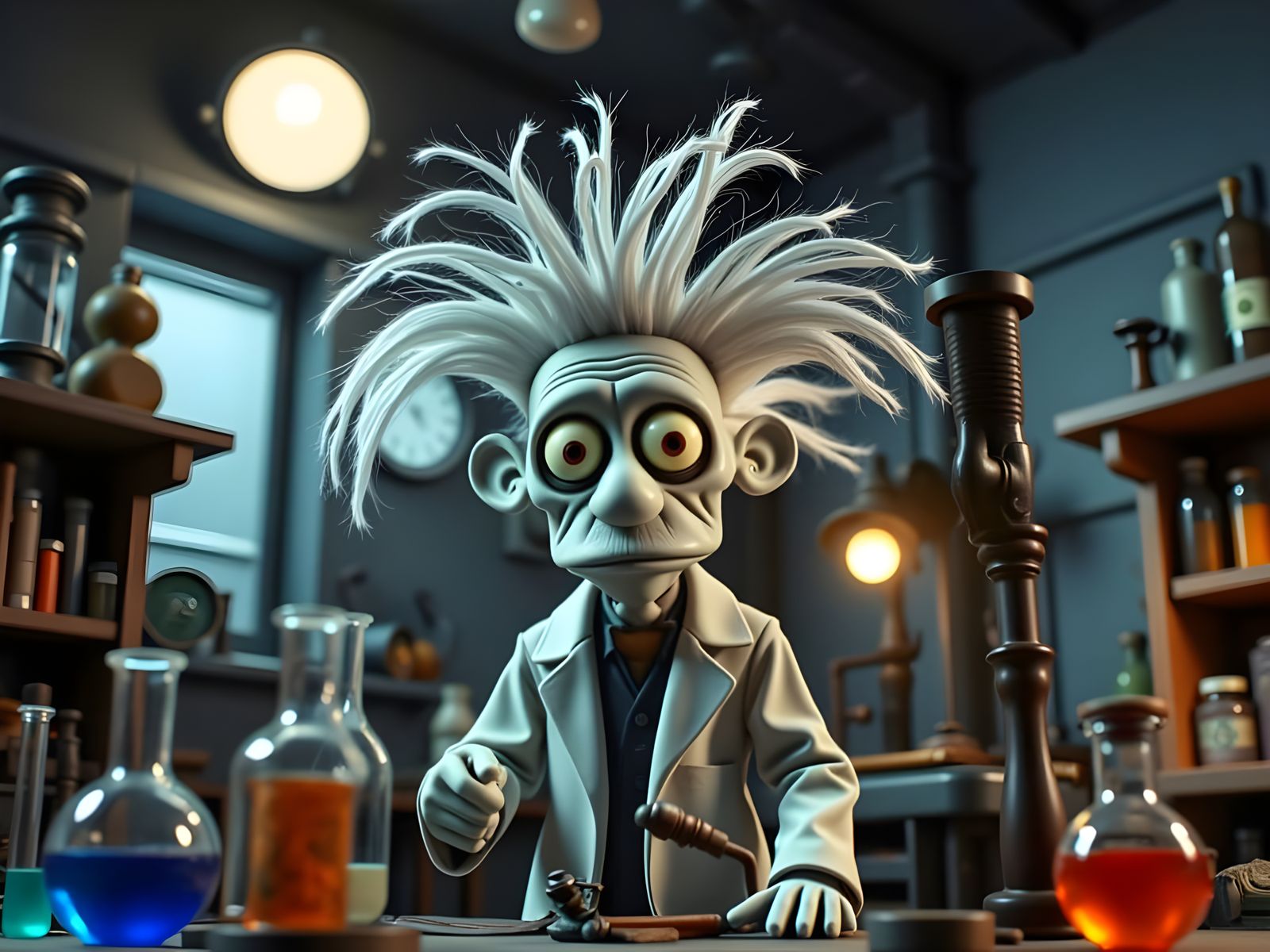 Claymation Mad Scientist in Dimly Lit Lab