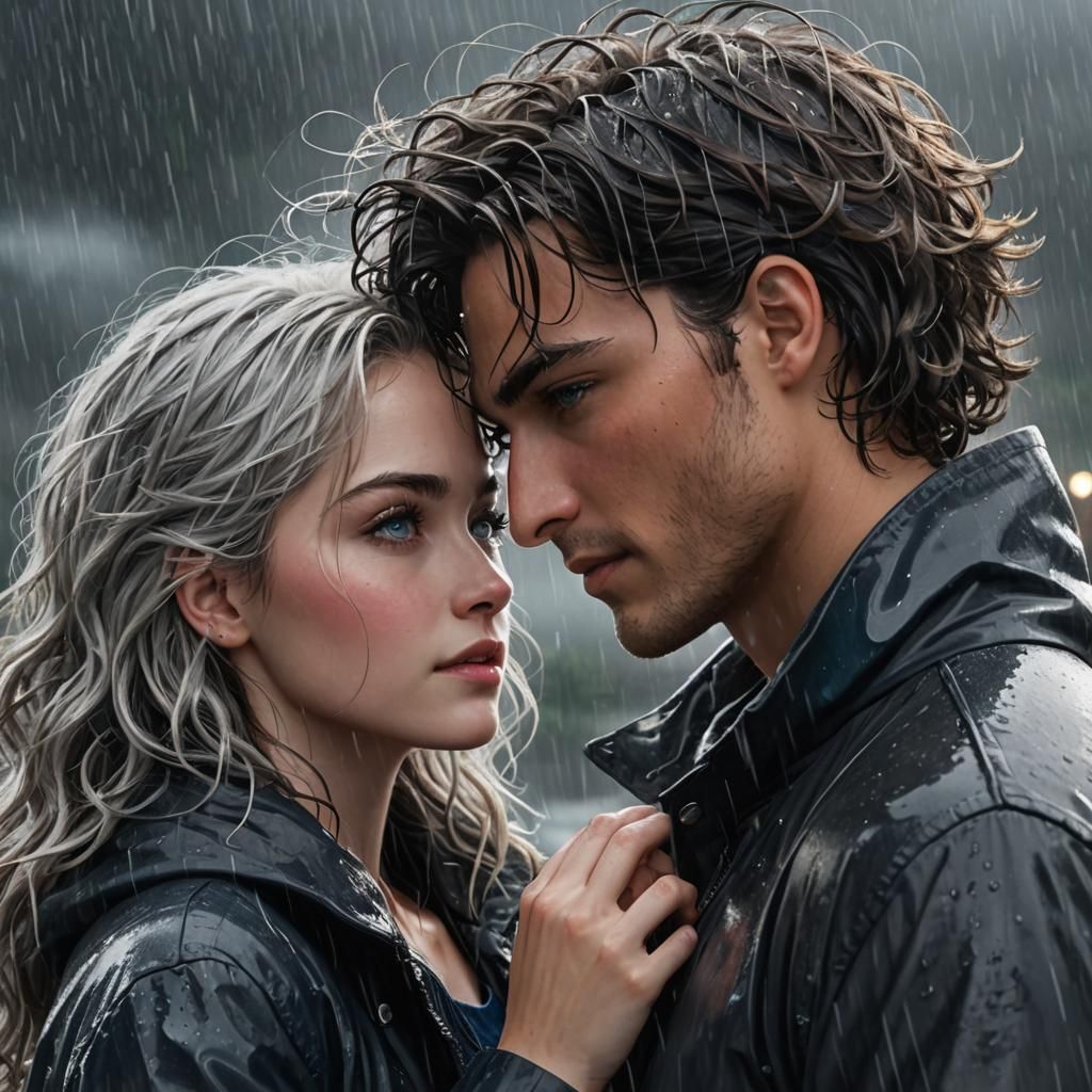 Couple Embrace in Rain, Detailed Fantasy Art