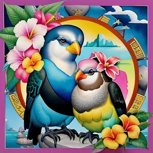 Joyful Bird Guardians on Tropical Beach, Watercolor Style