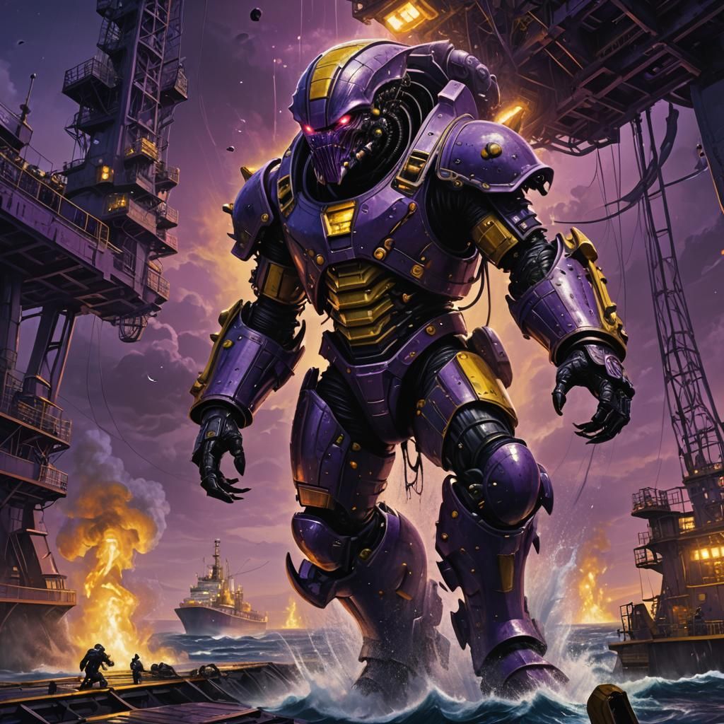 Alien Grenadier Assaults Oil Rig: Dark Fantasy Art