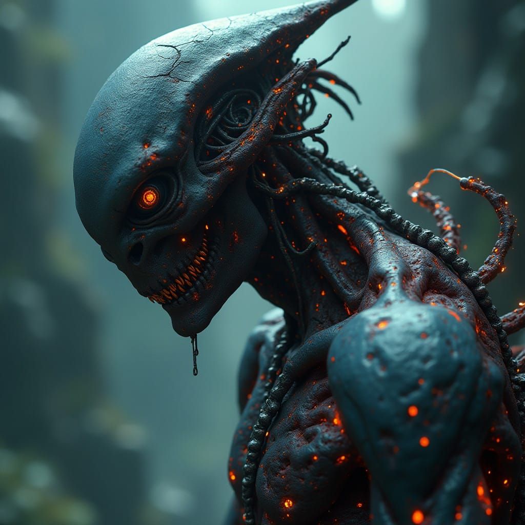 Gritty, Scarred Alien Hybrid in Dark, Neon-Lit Landscape