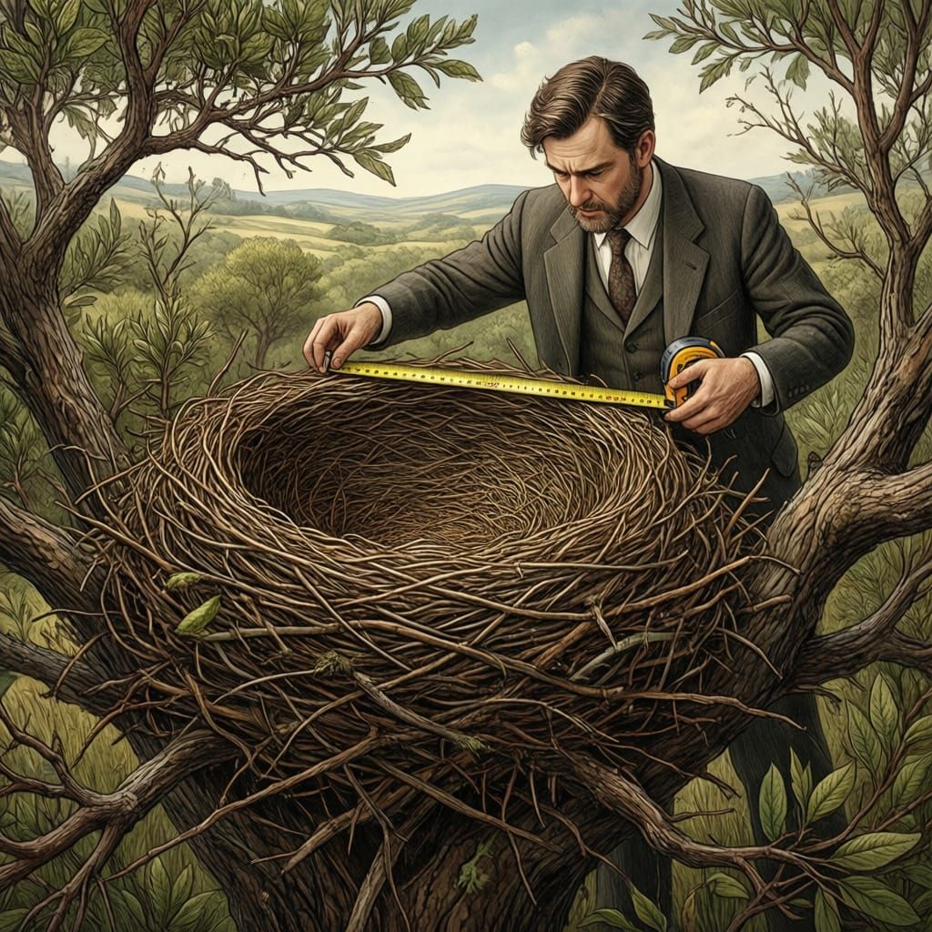 Real Estate Agent Measures Giant Bird Nests in Shrubland