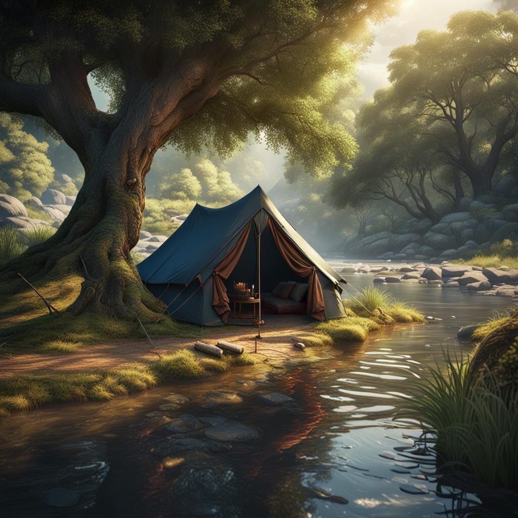 Riverside Tent in Detailed Fantasy Landscape Art