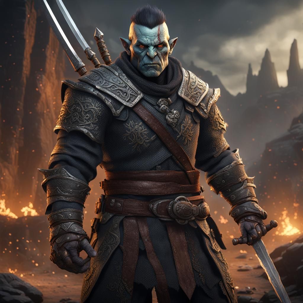 Half-Orc Fighter in Underworld with Longswords