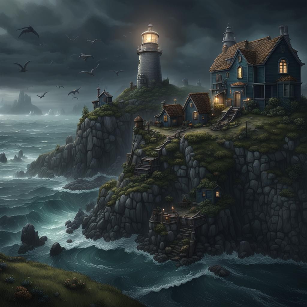Dark Nautical Village on Cliffside, Digital Matte Painting
