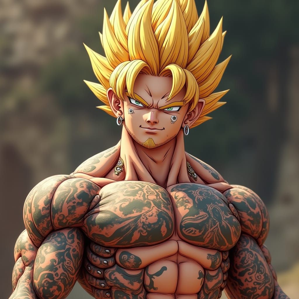 Vibrant Gold Saiyan Warrior with Gauged Earlobes and Tattoos