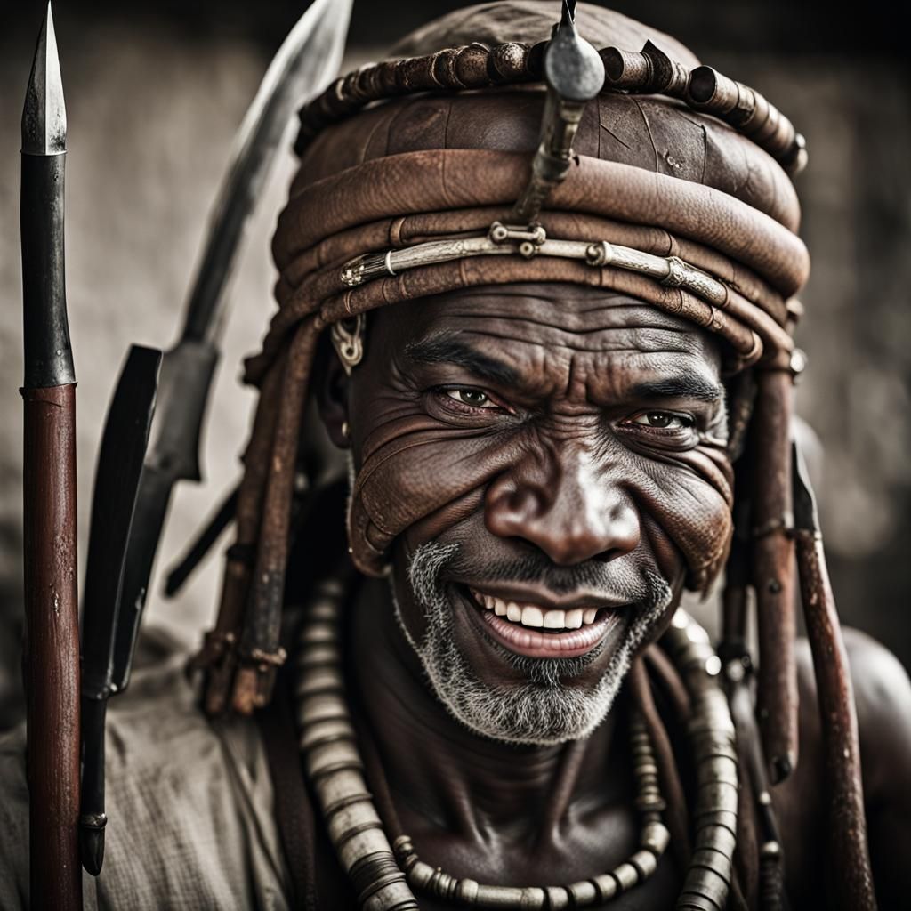 Smiling African Warrior Portrait with Ancient Helmet