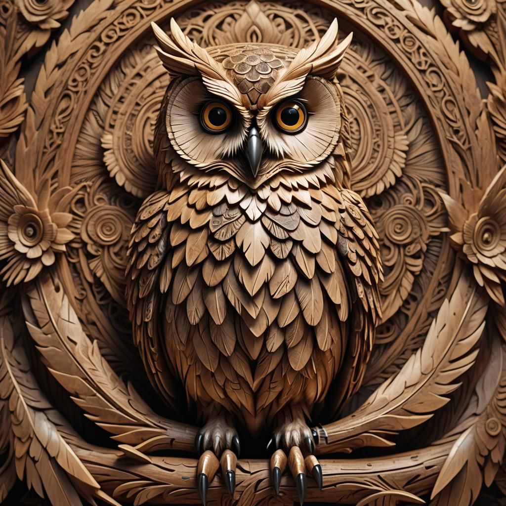 Detailed Wood Carving of a Powerful Owl