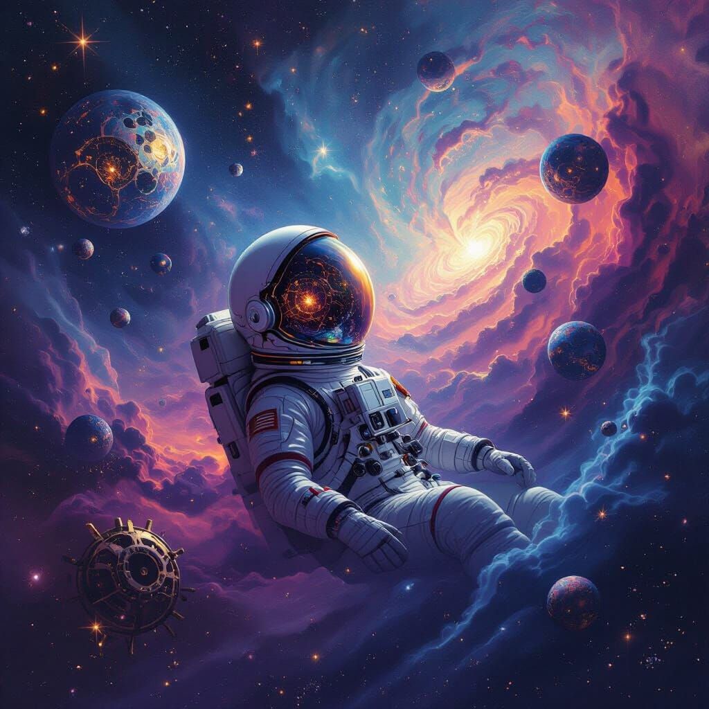 Astronaut Adrift in Surreal Cosmic Nebula