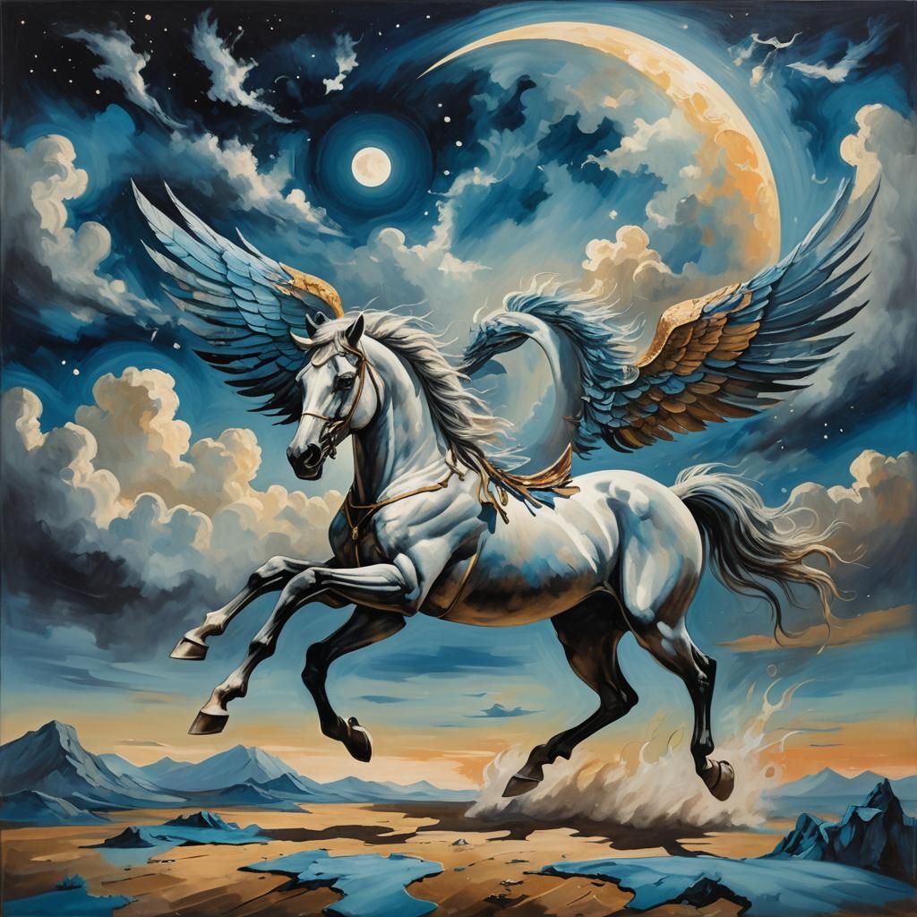 Winged Horse Gallops Under Blue Moon, Surreal Oil Painting