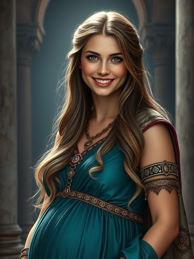 Ancient Roman Empress in Teal Silk Gown with Child